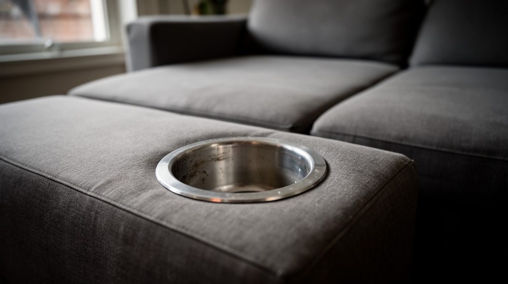 A recessed metal drink holder moulded into the padded console of a grey sectional.