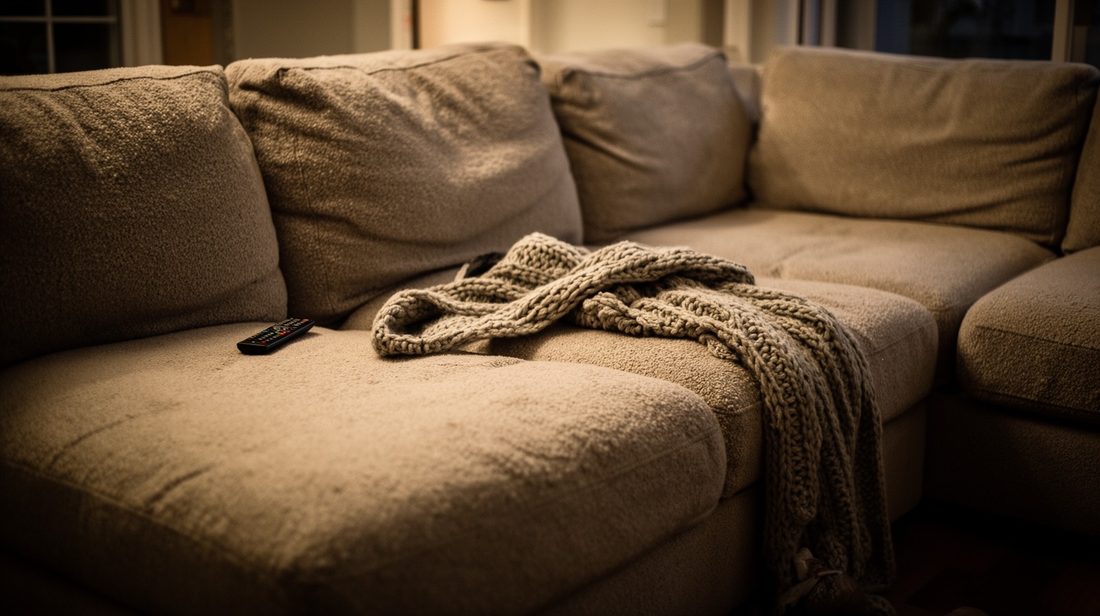 An empty sectional in a living room at dusk, the long armless run of cushions facing a television.