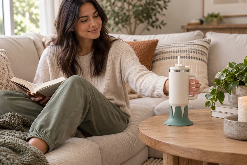 Adult seated at corner of large L shaped sectional straw tumbler on reachable broad stable side table. AI lifestyle illustration.