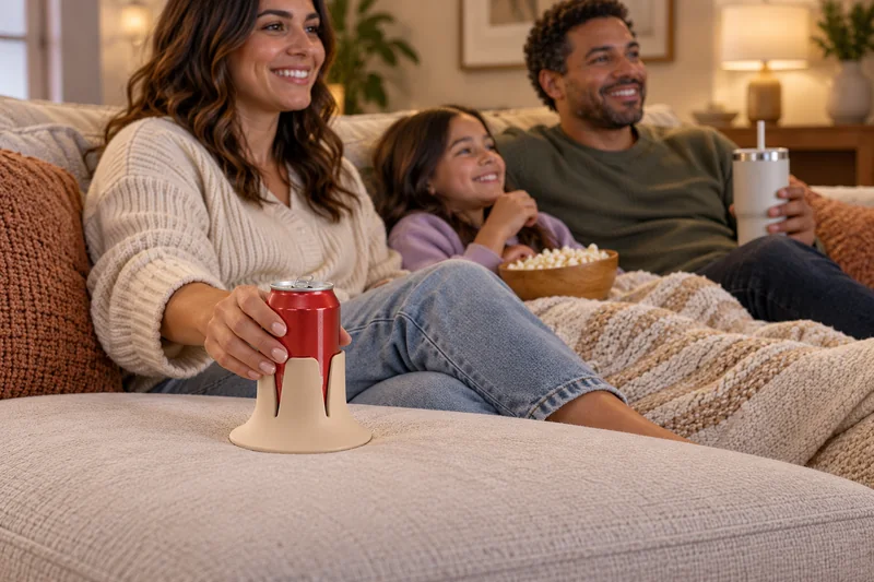 Family watching TV adult soda on broad firm level chaise cushion away from seams and child reach. AI lifestyle illustration.