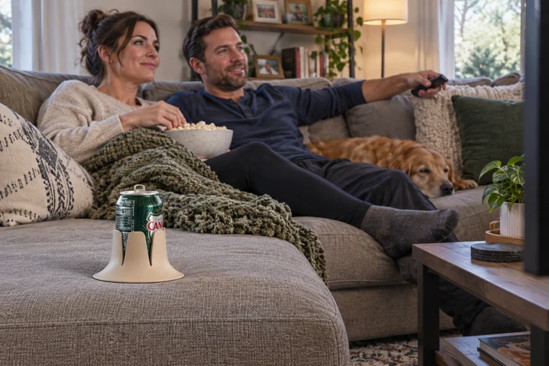 Two adults watching television on L-shaped sectional with opened soda can in Steadi on broad firm flat chaise cushion area outside blanket route and seams. AI illustration.